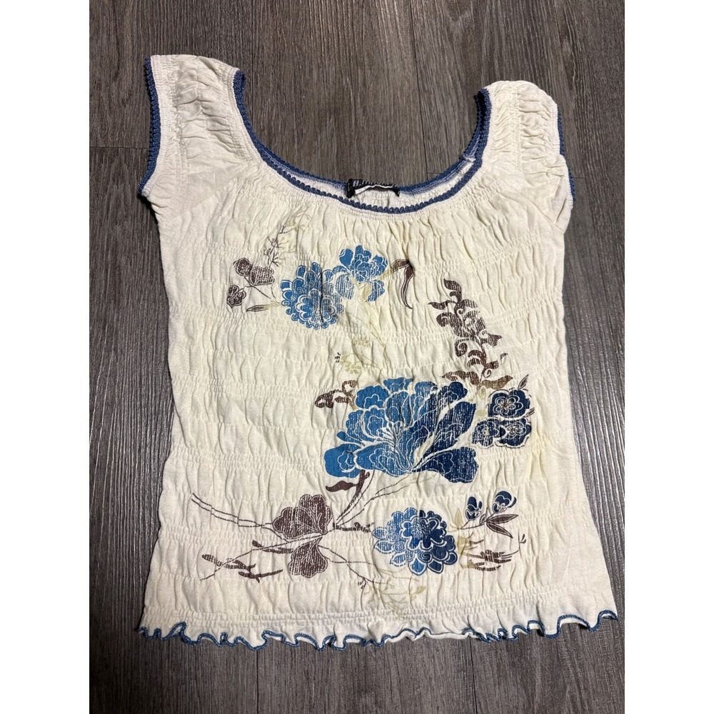 L A movers Vintage Smocked Floral Tank Top Ivory Y2K Cottagecore Scoop Neck S